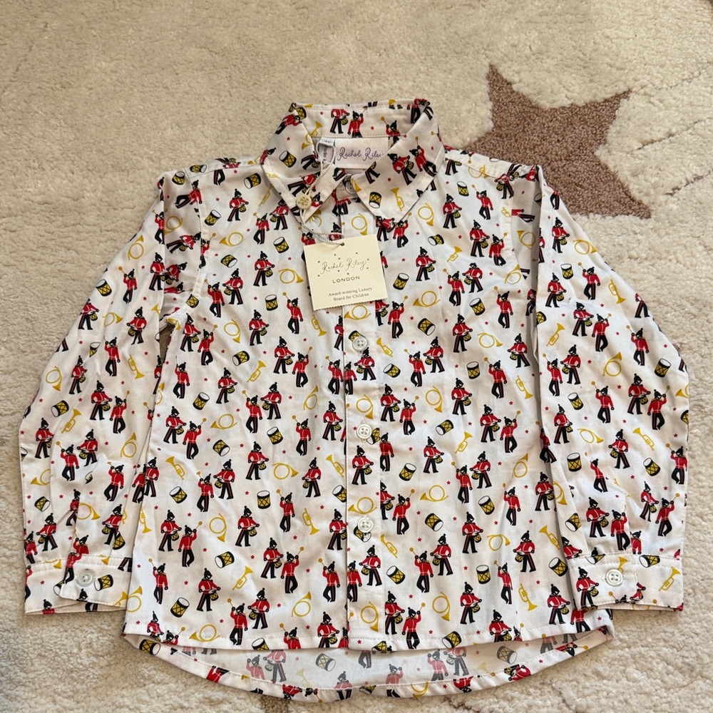 Rachel Riley White Button-Down Shirt with Red & Yellow Drummer Print